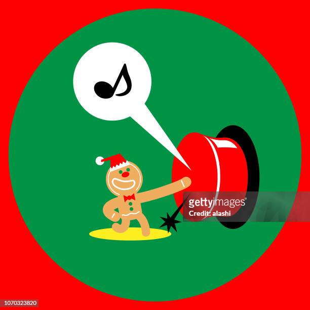 cute gingerbread man pushing a large call button (service bell) - gingerbread house cartoon stock illustrations
