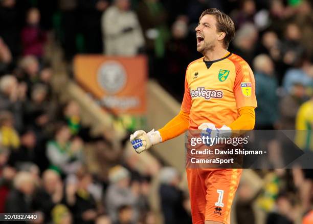 Norwich City's Tim Krul celebrates as his side go 2-0 ahead during the Sky Bet Championship match between Norwich City and Bolton Wanderers at Carrow...