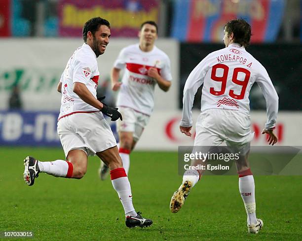 Ibson and Dmitri Kombarov of FC Spartak Moscow celebrate after scoring a goal during the Russian Football League Championship match between PFC CSKA...