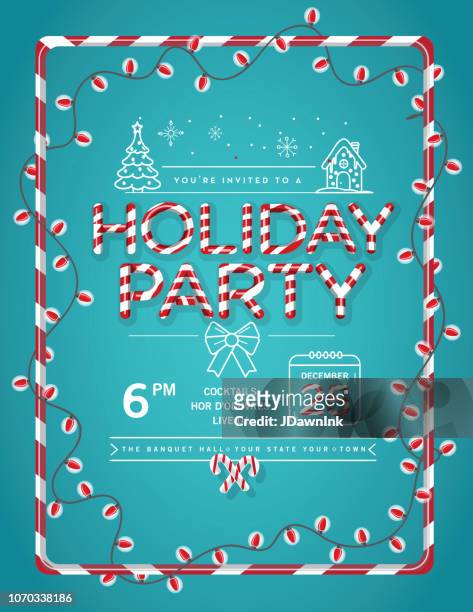 urlaub weihnachten party einladung entwurfsvorlage mit candy cane text und linien kunst symbole - candy cane stock-grafiken, -clipart, -cartoons und -symbole
