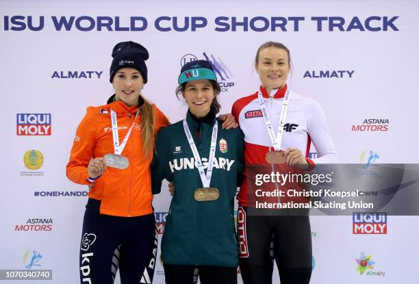 Lara van Ruijven of Netherlands poses during the medal ceremony after winning the 2nd place, Petra Jaszapati of Hungary 1stock and Natalia...