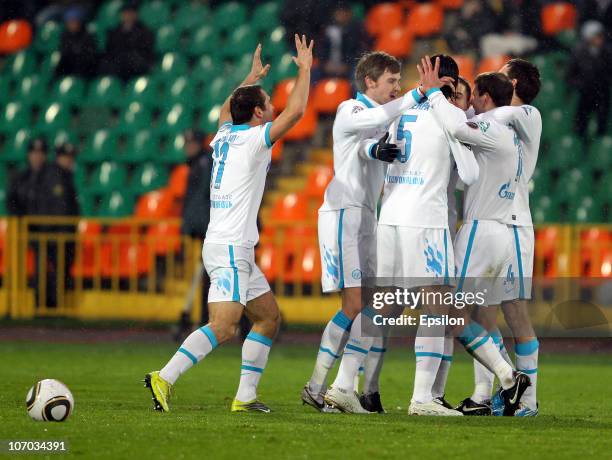 Players of FC Zenit St. Petersburg celebrate after scoring a goal during the Russian Football League Championship match between FC Rubin Kazan and FC...