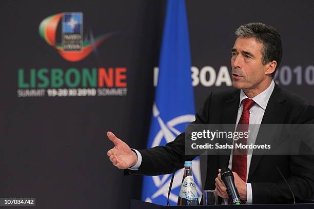 Secretary General Anders Fogh Rasmussen speaks during a press conference during day two of the NATO Summit at Feira Internacional de Lisboa on...