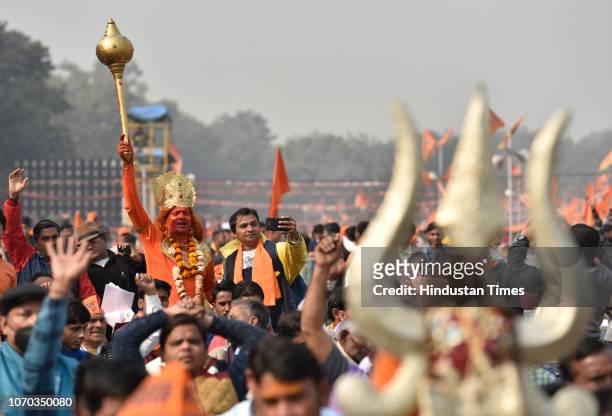 Supporters and members of Vishwa Hindu Parishad during Dharma Sabha rally, in which thousands of people gathered to press for the construction of Ram...