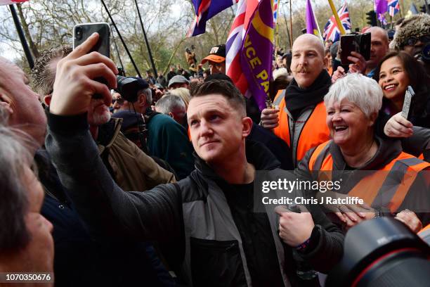 Founder Tommy Robinson takes part in a UKIP-backed Brexit betrayal rally on December 09, 2018 in London, England. The demonstration takes place three...