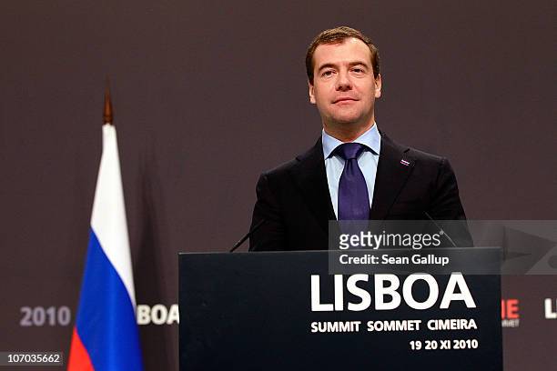 Russian President Dmitry Medvedev speaks to the media during a press conference on day two of the NATO summit at Feira Internacional de Lisboa on...