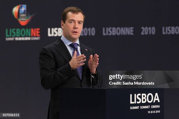 Russian President Dmitry Medvedev speaks during a press conference during day two of the NATO Summit at Feira Internacional de Lisboa on November 20,...