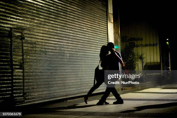 Couple dance tango during the Great National Milonga 2018 in the Avenida de Mayo Avenue, in Buenos Aires, Argentina, Saturday, Dec.8, 2018. Thousands...