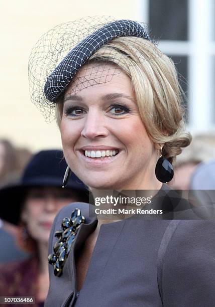 Princess Maxima of the Netherlands leaves the marriage of Prince Carlos de Bourbon de Parme and Princess Annemarie Gualtherie van Weezel at Abbaye de...