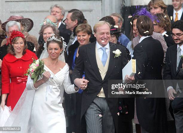 Princess Annemarie Gualtherie van Weezel and Prince Carlos de Bourbon de Parme leave church after their Royal Wedding at Abbaye de la Cambre on...