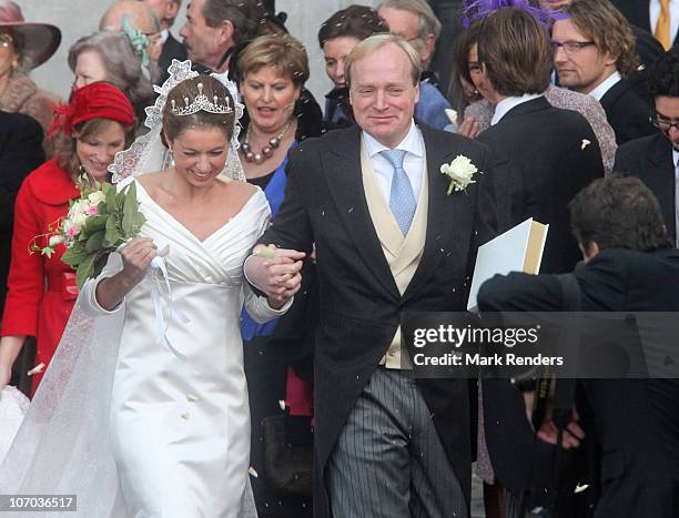 Princess Annemarie Gualtherie van Weezel and Prince Carlos de Bourbon de Parme leave church after their Royal Wedding at Abbaye de la Cambre on...