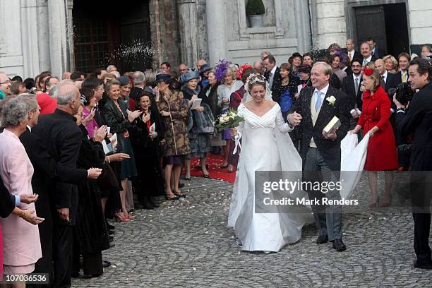 Princess Annemarie Gualtherie van Weezel and Prince Carlos de Bourbon de Parme leave church after their Royal Wedding at Abbaye de la Cambre on...