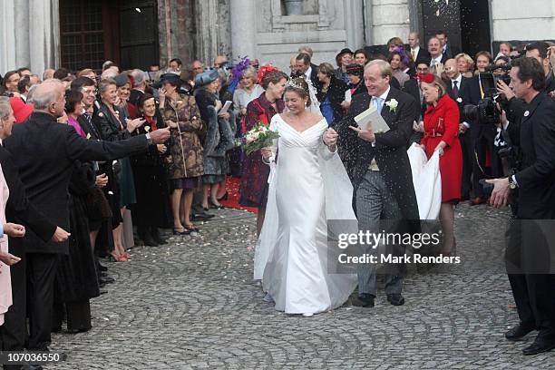 Princess Annemarie Gualtherie van Weezel and Prince Carlos de Bourbon de Parme leave church after their Royal Wedding at Abbaye de la Cambre on...