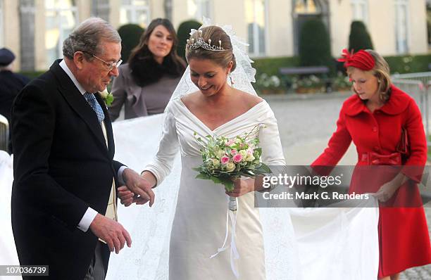 Princess Annemarie Gualtherie van Weezel and Prince Gualtherie van Weezel arrive for the Royal Wedding of Princess Annemarie Gualtherie van Weezel...