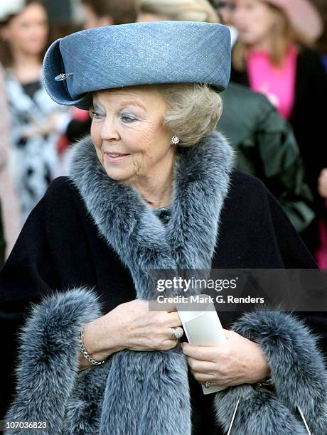 Queen Beatrix of the Netherlands leaves after the Royal Wedding of Princess Annemarie Gualtherie van Weezel and Prince Carlos de Bourbon de Parme at...