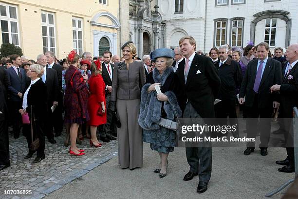 Princess Maxima, Queen Beatrix and Prince Willem Alexander of the Netherlands leave after the Royal Wedding of Princess Annemarie Gualtherie van...