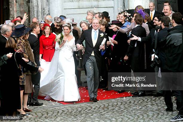 Princess Annemarie Gualtherie van Weezel and Prince Carlos de Bourbon de Parme leave church after their Royal Wedding at Abbaye de la Cambre on...