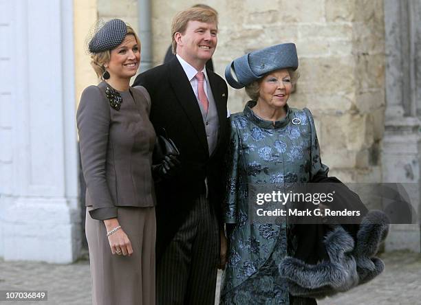 Princess Maxima, Queen Beatrix and Prince Willem Alexander of the Netherlands arrive for the Royal Wedding of Princess Annemarie Gualtherie van...