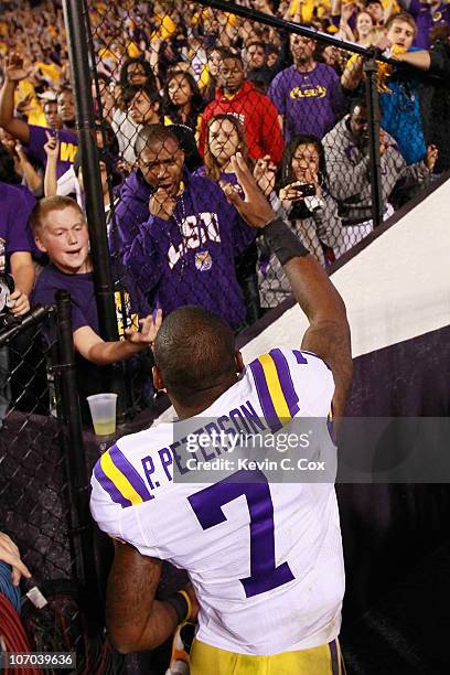 Patrick Peterson of the Louisiana State University Tigers reacts after their 43-36 win over the Ole Miss Rebels at Tiger Stadium on November 20, 2010...