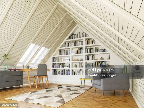 sala studio in soffitta - bookshelf foto e immagini stock