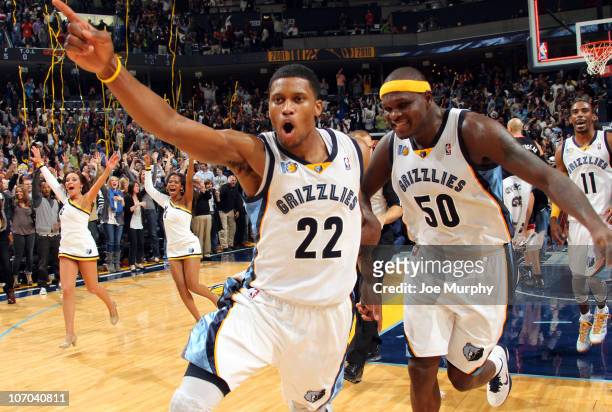 Rudy Gay of the Memphis Grizzlies celebrates with Zach Randolph after hitting a game-winning shot against the Miami Heat on November 20, 2010 at...