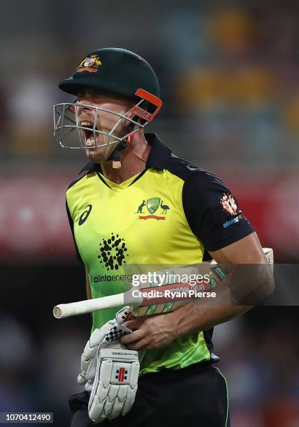 Chris Lynn of Australia looks dejected after being dismissed by Kuldeep Yadav of India during game one of the the International Twenty20 series...