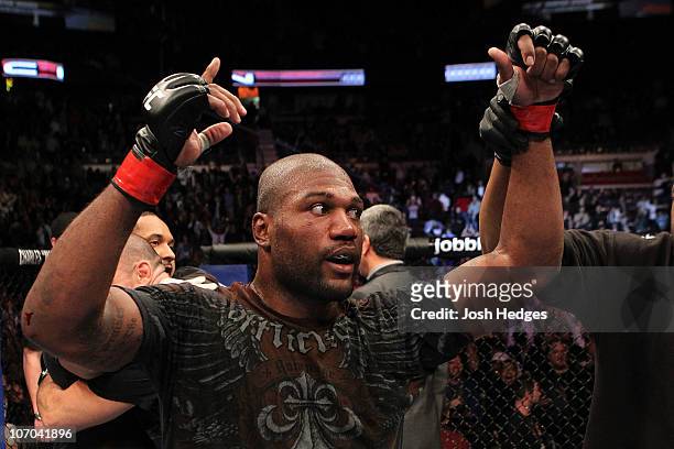 Quinton 'Rampage' Jackson reacts after he was declared the winner by minimal decision against Lyoto 'The Dragon' Machida during their Light...