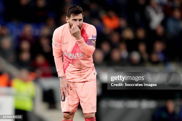 Lionel Messi of FC Barcelona during the La Liga Santander match between Espanyol v FC Barcelona at the RCDE Stadium on December 8, 2018 in Cornella...