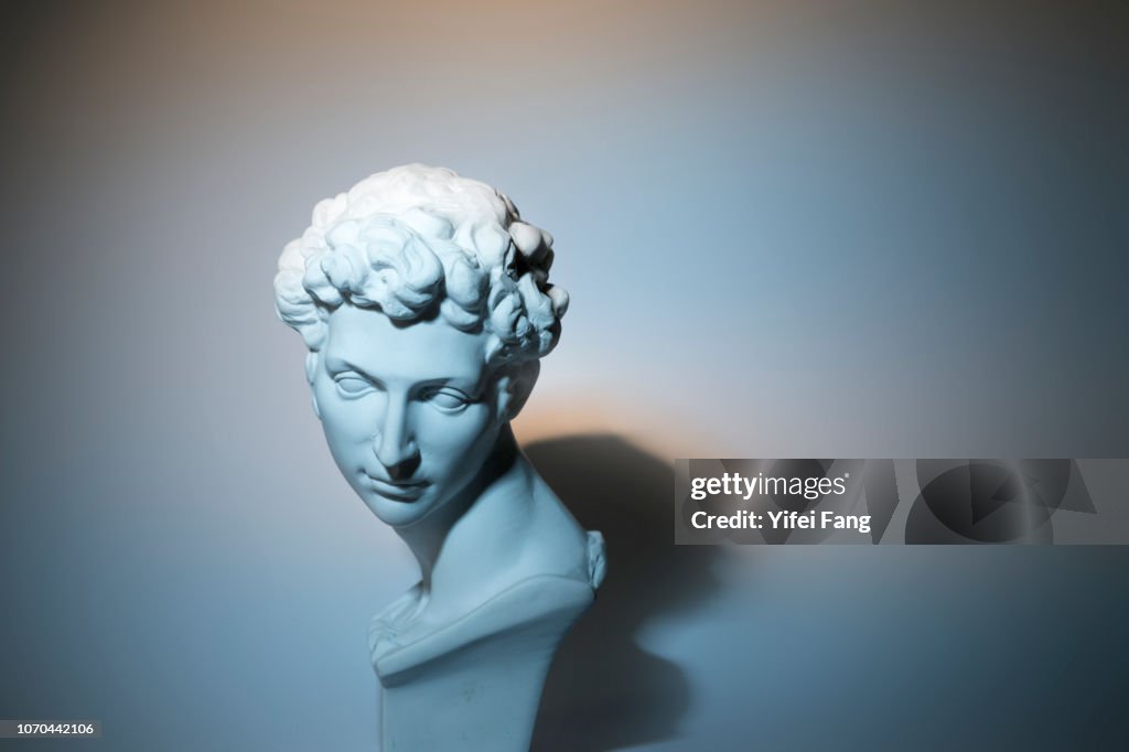 Head sculpture in front of colorful background