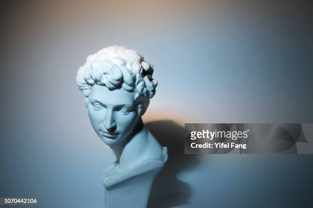 head sculpture in front of colorful background - statue stock pictures, royalty-free photos & images