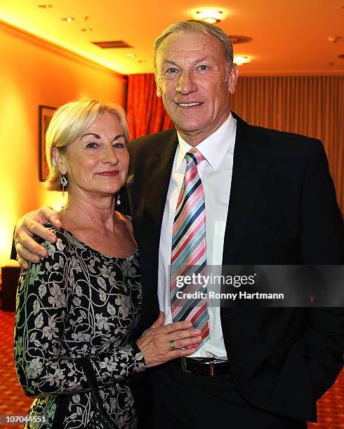 Head coach Eduard Geyer of the DFV Legend and his wife Angelika pose during the Players Night at the Westin Hotel on November 20, 2010 in Leipzig,...