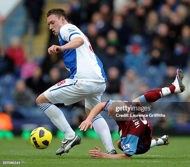 Phil Jones of Blackburn Rovers tangles with Stephen Ireland of Aston Villa during the Barclays Premier League match between Blackburn Rovers and...