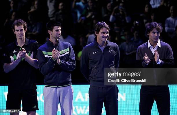 Andy Murray of Great Britain, Novak Djokovic of Siberia, Roger Federer of Switzerland and Rafael Nadal of Spain attend a ceremony for Carlos Moya's...