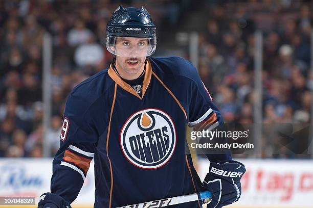 Sam Gagner of the Edmonton Oilers rests during a stoppage against the Phoenix Coyotes at Rexall Place on November 19, 2010 in Edmonton, Alberta,...