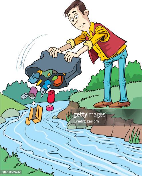 throwing garbage into the river - river pollution stock illustrations