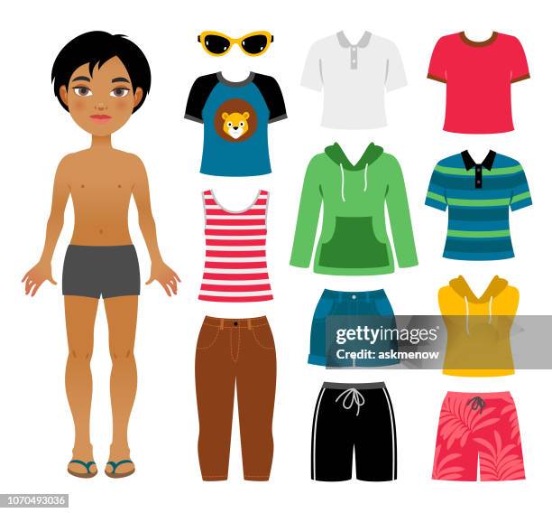 ilustraciones, imágenes clip art, dibujos animados e iconos de stock de conjunto de ropa de verano niño - chicos adolescentes