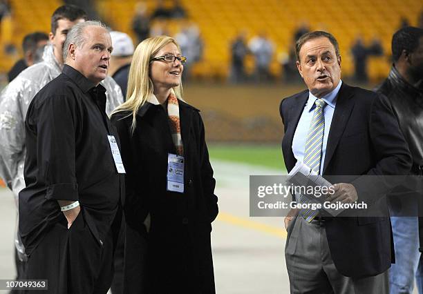 Radio talk show host and political commentator Rush Limbaugh and his wife, Kathryn Rogers, look on from the sideline with NBC Sunday Night Football...