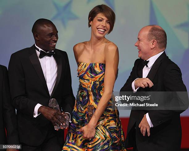 Blanka Vlasic of Croatia and David Rudisha of Kenya receive the athletes of the year award from Prince Albert II of Monaco during the IAAF World Gala...