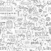 Wine vector seamless pattern with hand-drawn elements