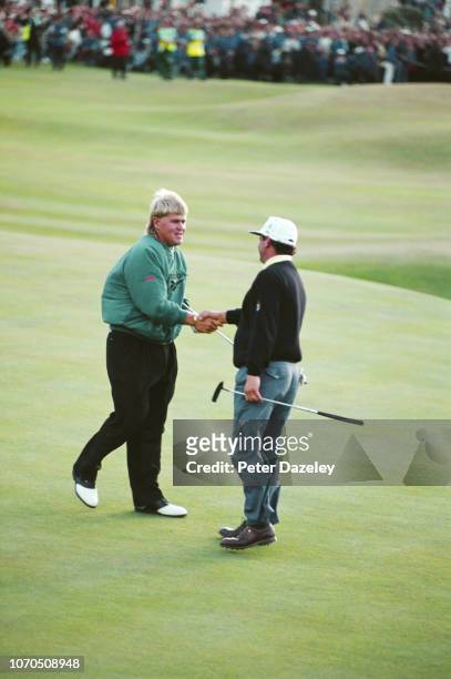 John Daly shaking the hand of Constantino Rocca after winning on 18th Green during the 1995 Open Championship on July 23,1995 at the Old Course at St...