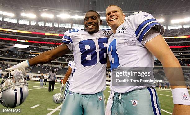 Wide receiver Dez Bryant of the Dallas Cowboys celebrates with quarterback Jon Kitna after the Cowboys beat the Detroit Lions 35-19 at Cowboys...