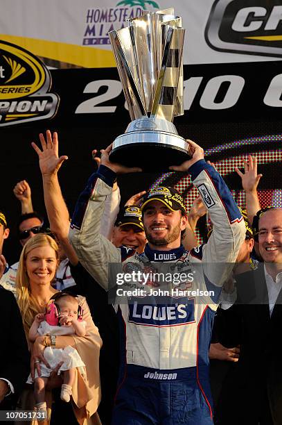 Jimmie Johnson, driver of the Lowe's Chevrolet, celebrates after finishing in second place in the Ford 400 to clinch his fifth consecutive NASCAR...