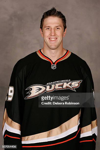 Jason Jaffray of the Anaheim Ducks poses for a portrait prior to the NHL game against the Edmonton Oilers on November 21, 2010 at Honda Center in...