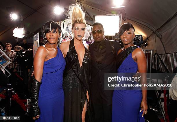 Musicians Dawn Richard, Ke$ha, Sean 'Diddy' Combs and Kaleena arrive at the 2010 American Music Awards held at Nokia Theatre L.A. Live on November...