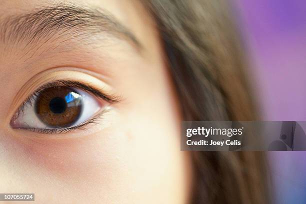 close up of a young asian girl's brown eye - brown eyes stock pictures, royalty-free photos & images