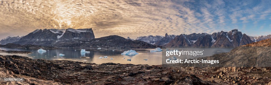Landscape and icebergs, Scoresbysund, Greenland
