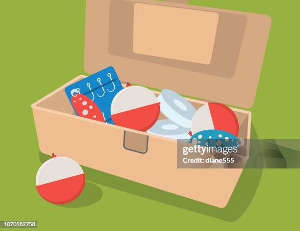 stockillustraties, clipart, cartoons en iconen met pakken doos gevuld met fishing tackle en haken - fishing tackle box