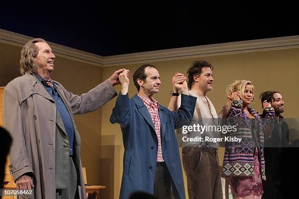 Richard Easton, Denis O'Hare, Brendan Fraser, Jennifer Coolidge and Jeremy Shamos performs onstage at the Broadway opening night of "Elling" at the...