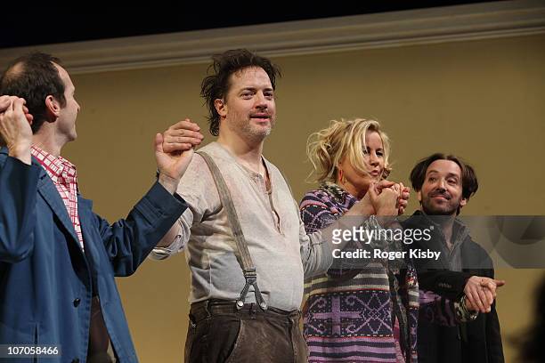 Denis O'Hare, Brendan Fraser, Jennifer Coolidge and Jeremy Shamos performs onstage at the Broadway opening night of "Elling" at the Ethel Barrymore...