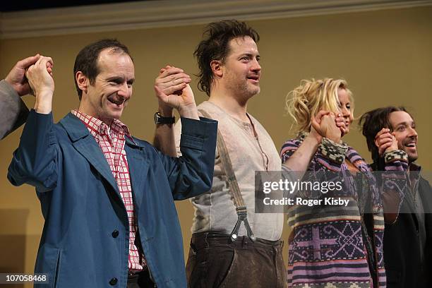 Denis O'Hare, Brendan Fraser, Jennifer Coolidge and Jeremy Shamos performs onstage at the Broadway opening night of "Elling" at the Ethel Barrymore...